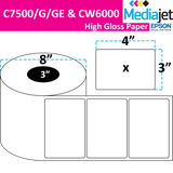 4" x 3" Gloss Paper Inkjet Labels. 2 Rolls per Case. 1,750 Labels per Roll. 8" OD, 3" Core. No Perf. SKU: IJG-4-3-1750-3NP