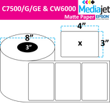 4" x 3" Matte Paper Inkjet Labels. 2 Rolls per Case. 1,750 Labels per Roll. 8" OD, 3" Core. No Perf. SKU: IJM-4-3-1750-3NP