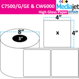 4" x 4" Gloss Paper Inkjet Labels. 2 Rolls per Case. 1,250 Labels per Roll. 8" OD, 3" Core. No Perf. SKU: IJG-4-4-1250-3NP