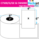 4" x 6" Gloss Paper Inkjet Labels. 2 Rolls per Case. 900 Labels per Roll. 8" OD, 3" Core. No Perf. SKU: IJG-4-6-900-3NP